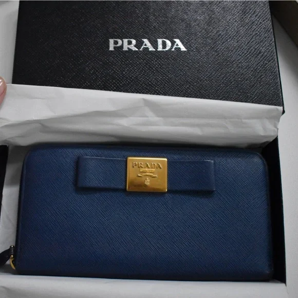 Prada Blue Wallet with Gold Accents